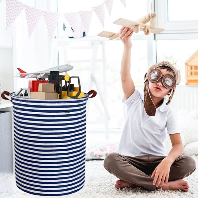 Essme Kids Laundry Hamper,Boys laundry basket,Collapsible Bule storage basket with Waterproof PE Coating,Canvas Fabric Nursery Hamper for Kids Room Decor,Gift,Baby Clothing.(Navy Blue stripes) - Image 2